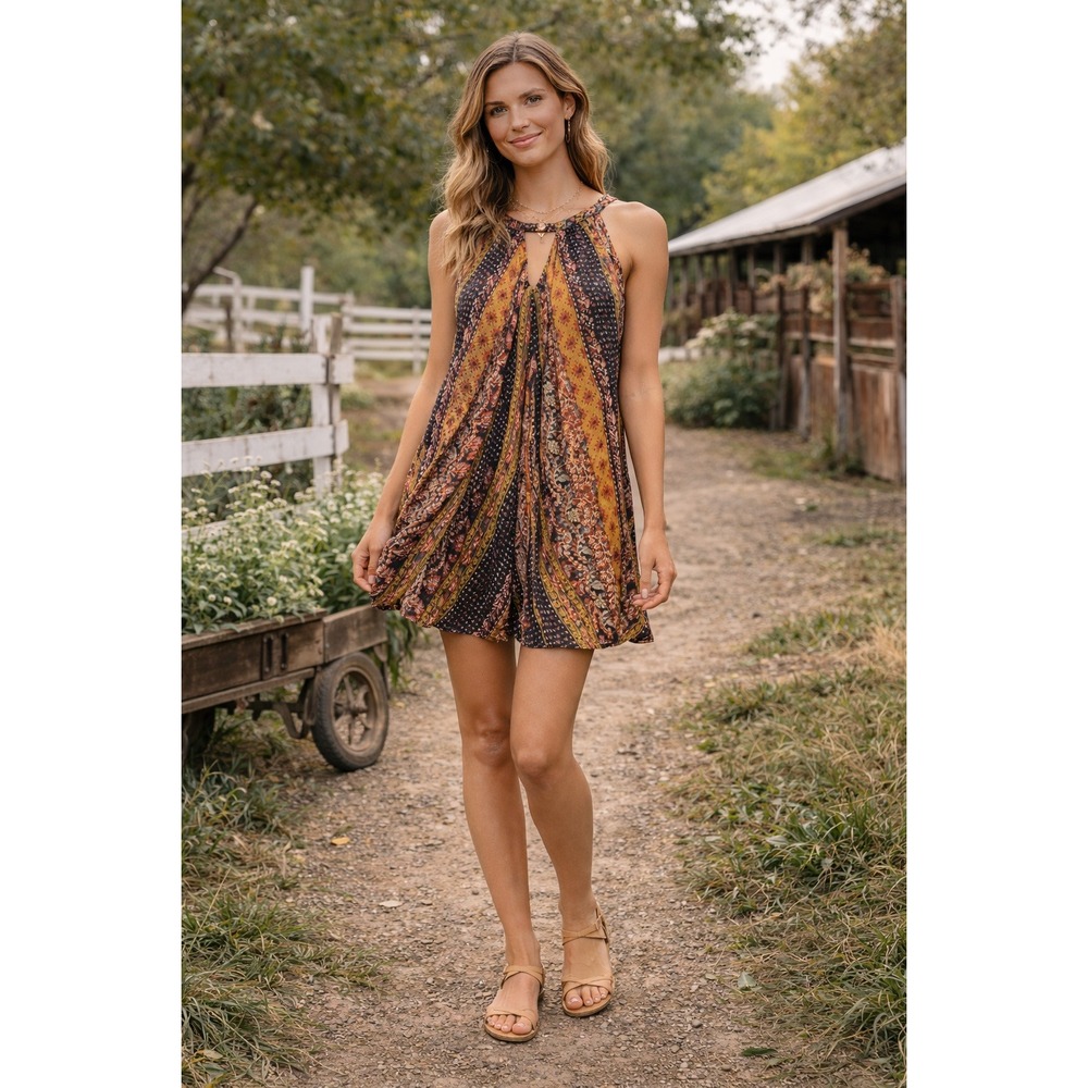 Umgee Boho Cottage Flowy Beach Orange Yellow Floral Festival Fairy‎ Mini S Dress